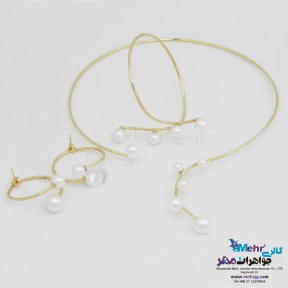 سرویس طلا - گردنبند و گوشواره و دستبند - طرح مروارید نشان-SS0291